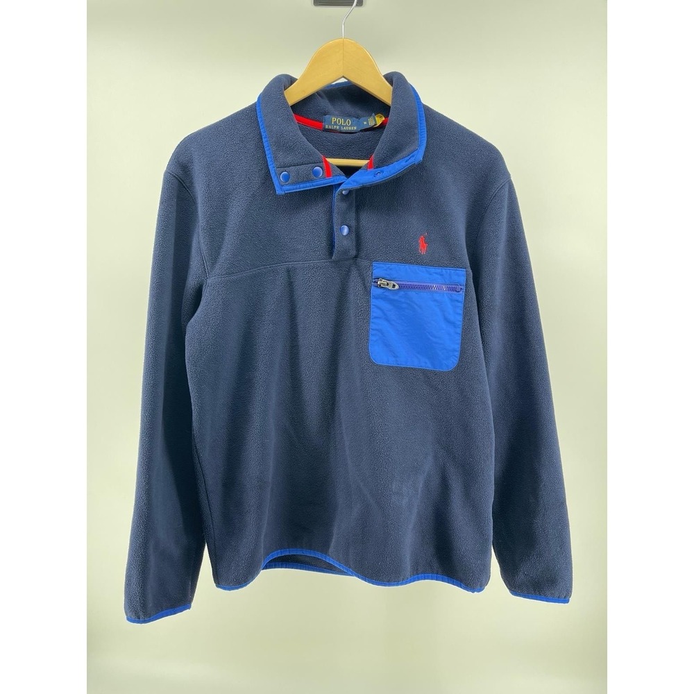 Polo Ralph Lauren Fleece Pullover Mens M Blue Snap Button Pocket Logo